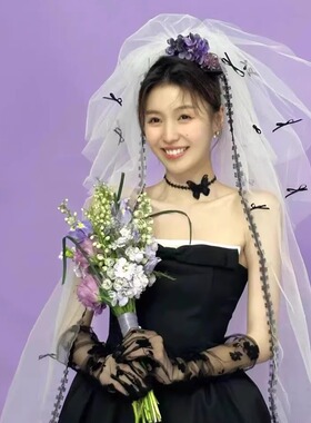 新款影楼主题蝴蝶结森式黑色边长款头纱摄影写真拍照复古港风法式