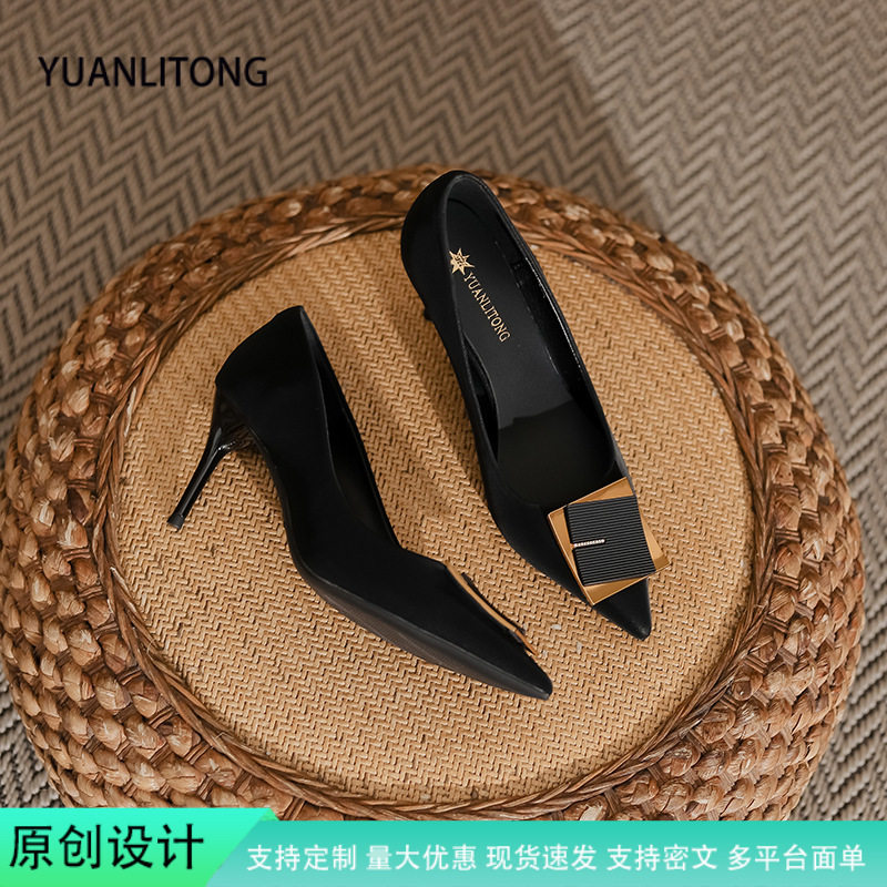 黑色方扣尖头高跟鞋女细跟浅口单鞋软底不磨脚通勤职场款一件代发
