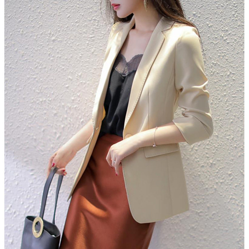 现货厂家显肤色香槟玫瑰色一粒口直筒西服女九分袖职业西装女