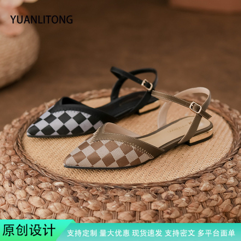 包头女士凉鞋女夏季拖鞋外穿格软皮单鞋粗跟一字带2025新款平底鞋