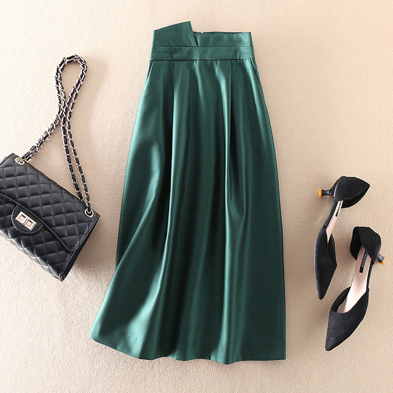 现货厂家A字中长款百褶半身裙春夏新款高腰挺括伞裙bai搭女