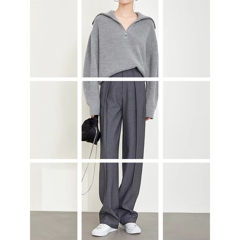 现货厂家 高JI灰色西装裤老钱风裤子显瘦阔腿裤休闲直筒裤女