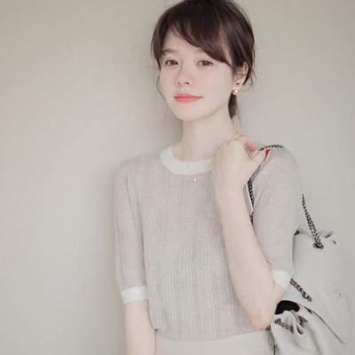 UMOOIE 春夏新款薄款细羊毛波浪领针织衫圆领短袖套头设计感上衣