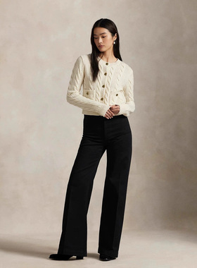 拉夫同款100%绵羊毛轻奢毛衣绞花金扣针织衫系扣口袋圆领开衫外套