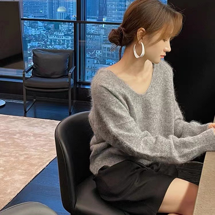 软糯2024新款全羊毛拉毛针织衫拉毛工艺慵懒风毛衣打底衫V领宽松