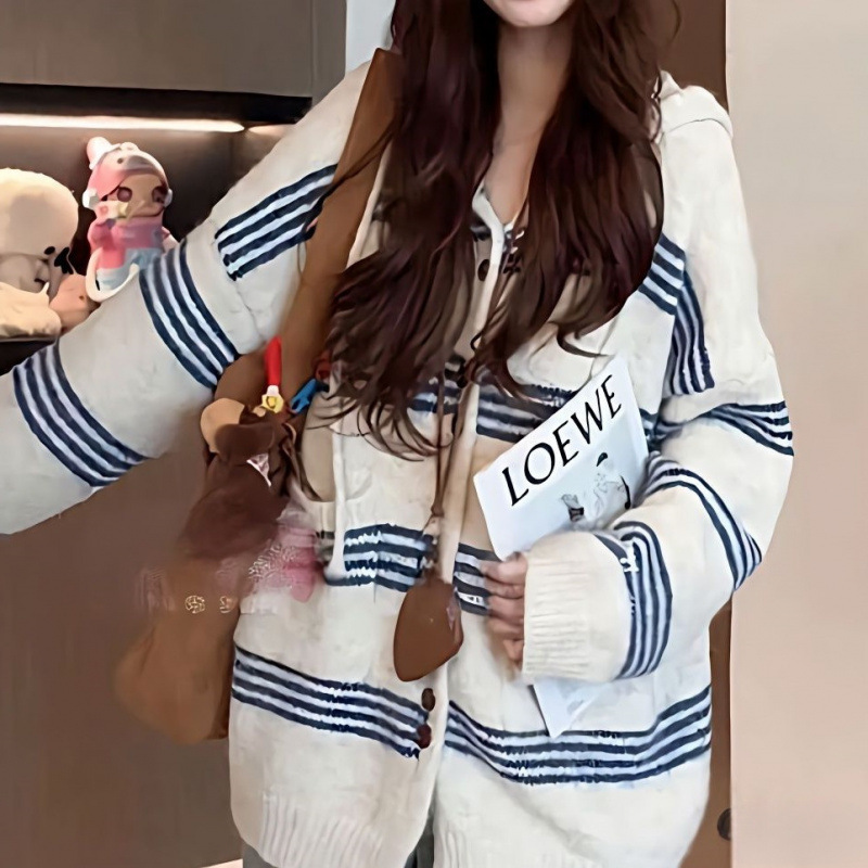 跨境大码2025秋冬慵懒风连帽撞色条纹针织开衫宽松长袖毛衣外套女