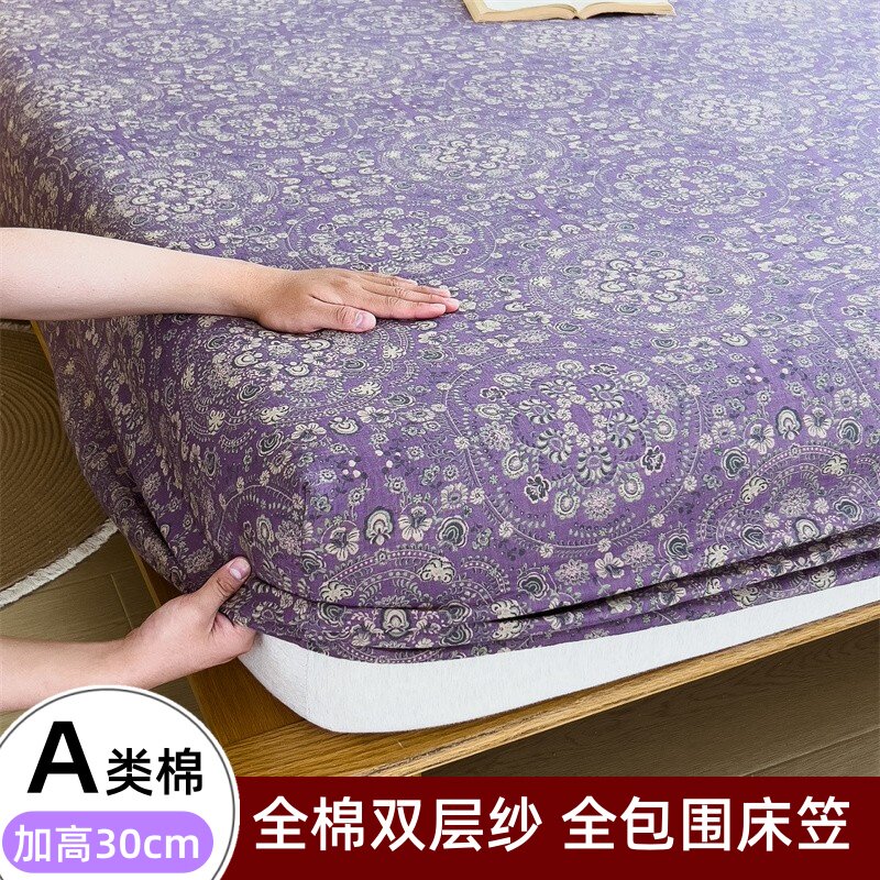 A类全棉双面色织提花双层纱床笠三件套纯棉母婴级床品床垫保护罩