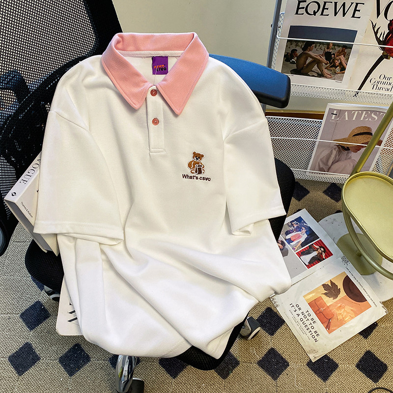 CSVQ LAPEL POLO GIRL EMBROIDERED BEAR LOOSE CONTRAST SUMMER THIN SHORT SLEEVE LOOSE HALF SLEEVE T-SHIRT TOP