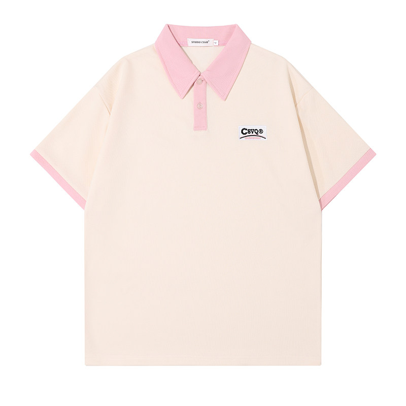 CSVQ ORIGINAL SIMPLE LETTER EMBROIDERY LOOSE LAPEL COLOR-BLOCKED SHORT SLEEVE T-SHIRT POLO SHIRT MENS AND WOMENS TOPS VERSATILE INS