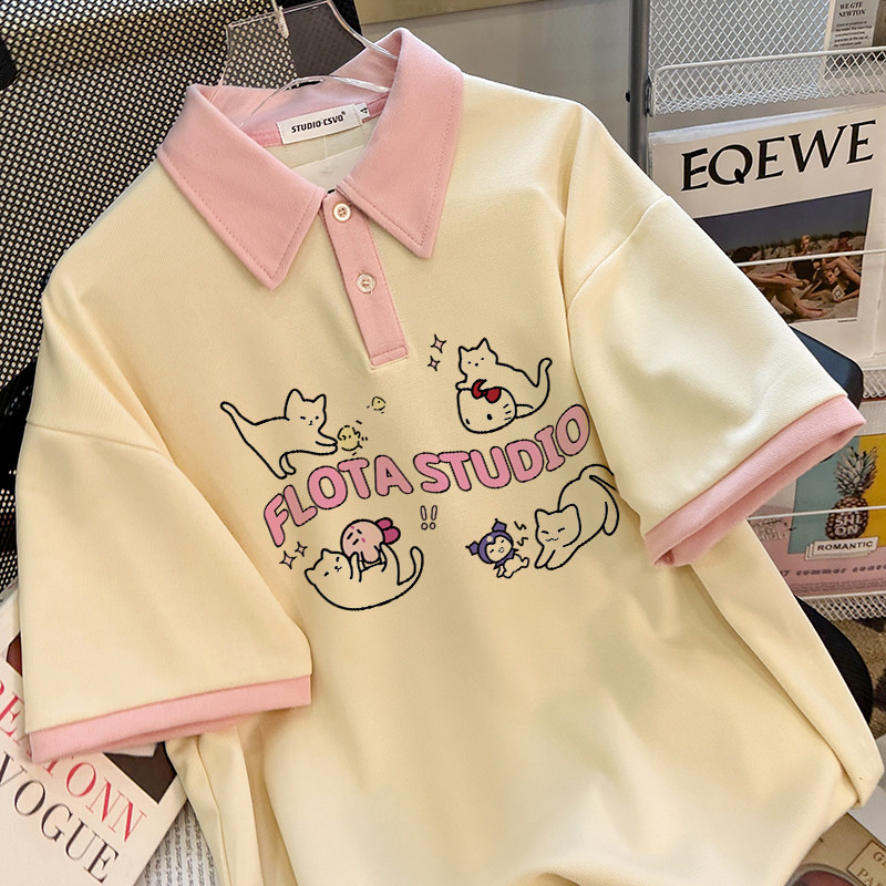 CSVQ PINK GIRL COLOR-BLOCKED SHORT SLEEVE T-SHIRT WOMENS POLO SHIRT FUN CARTOON AGE-REDUCING CASUAL VERSATILE LAPEL TOP