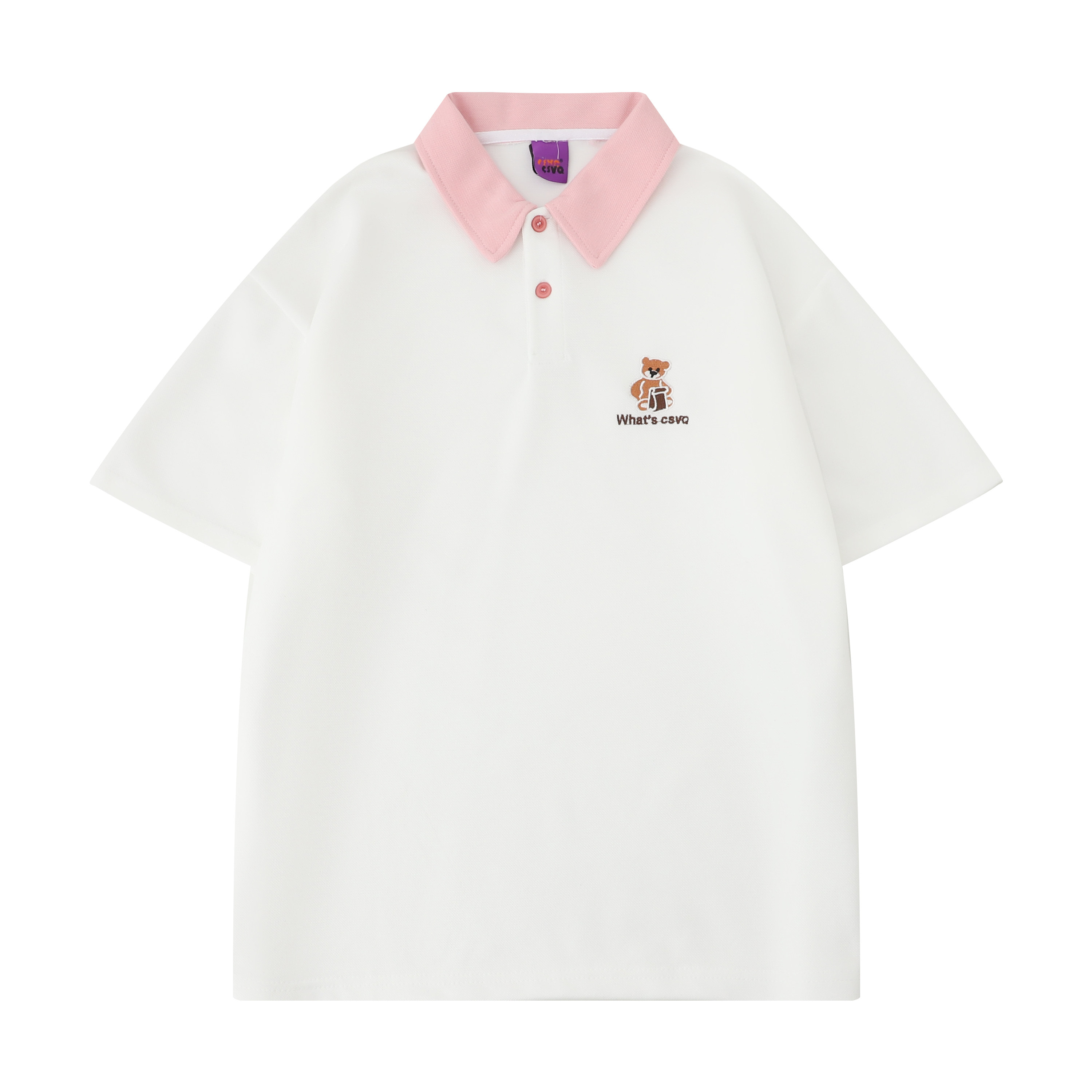 CSVQ LAPEL POLO GIRL EMBROIDERED BEAR LOOSE CONTRAST SUMMER THIN SHORT SLEEVE LOOSE HALF SLEEVE T-SHIRT TOP