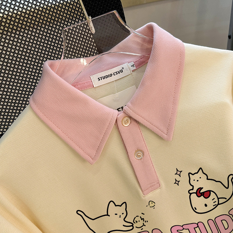 CSVQ PINK GIRL COLOR-BLOCKED SHORT SLEEVE T-SHIRT WOMENS POLO SHIRT FUN CARTOON AGE-REDUCING CASUAL VERSATILE LAPEL TOP