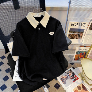CSVQ 黑色胸前贴皮POLO衫短袖T恤男女夏季显瘦休闲百搭撞色领上衣