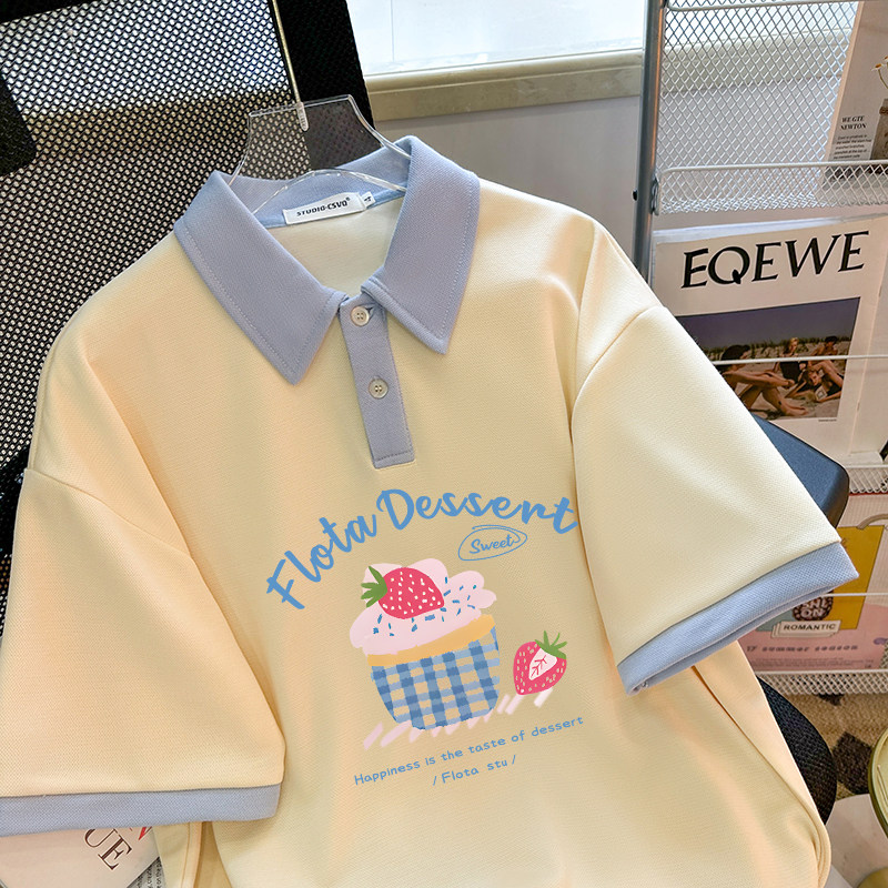 CSVQ NICHE POLO COLLAR BLUE COLOR-BLOCK CAKE PRINT SHORT SLEEVE T-SHIRT WOMENS CASUAL LAPEL LOOSE BREATHABLE TOP