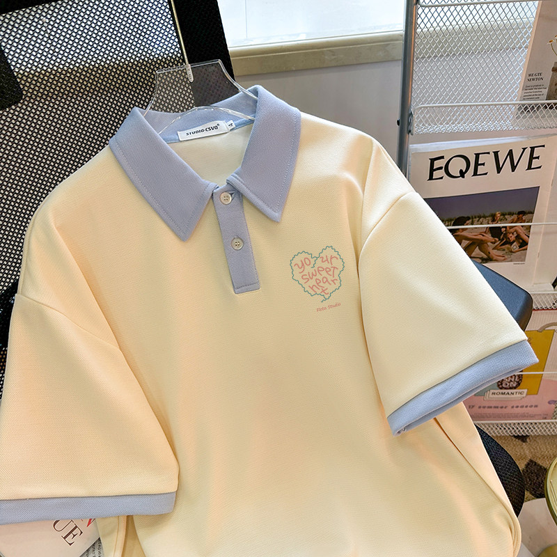 CSVQ ORIGINAL SIMPLE LOVE PRINT COLOR-BLOCKED SHORT SLEEVE T-SHIRT WOMENS SUMMER LOOSE COLLEGE POLO SHIRT LAPEL TOP