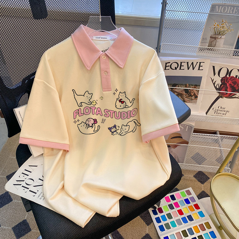 CSVQ PINK GIRL COLOR-BLOCKED SHORT SLEEVE T-SHIRT WOMENS POLO SHIRT FUN CARTOON AGE-REDUCING CASUAL VERSATILE LAPEL TOP