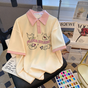 CSVQ 粉色少女拼色短袖T恤女POLO衫趣味卡通减龄休闲百搭翻领上衣