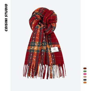 新款韩系浆果星星圣诞红色格纹加长围巾女秋冬保暖百搭氛围感围脖