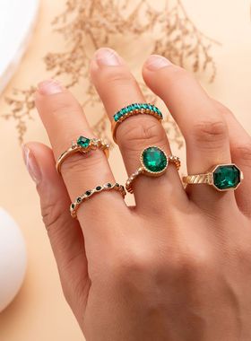 跨境热销饰品 ins风博主同款仿绿宝石几何镶钻戒指5件套 满钻指环