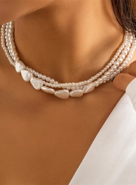 跨境热销饰品简约优雅多层珍珠项链女士复古欧美时尚派对婚礼项链