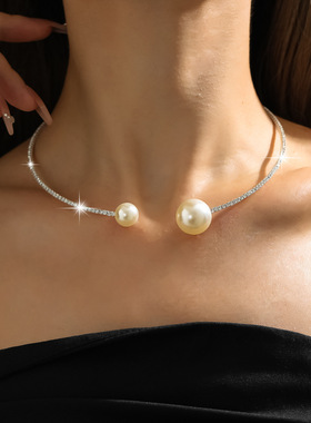 爆款批发供应欧美流行单排镀银项圈手链套装珍珠项圈速卖通热销