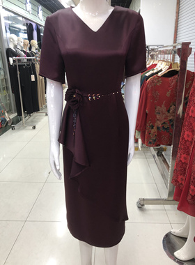 高级感V领订钻立体玫瑰花喜婆婆喜妈妈红色礼服连衣裙高贵