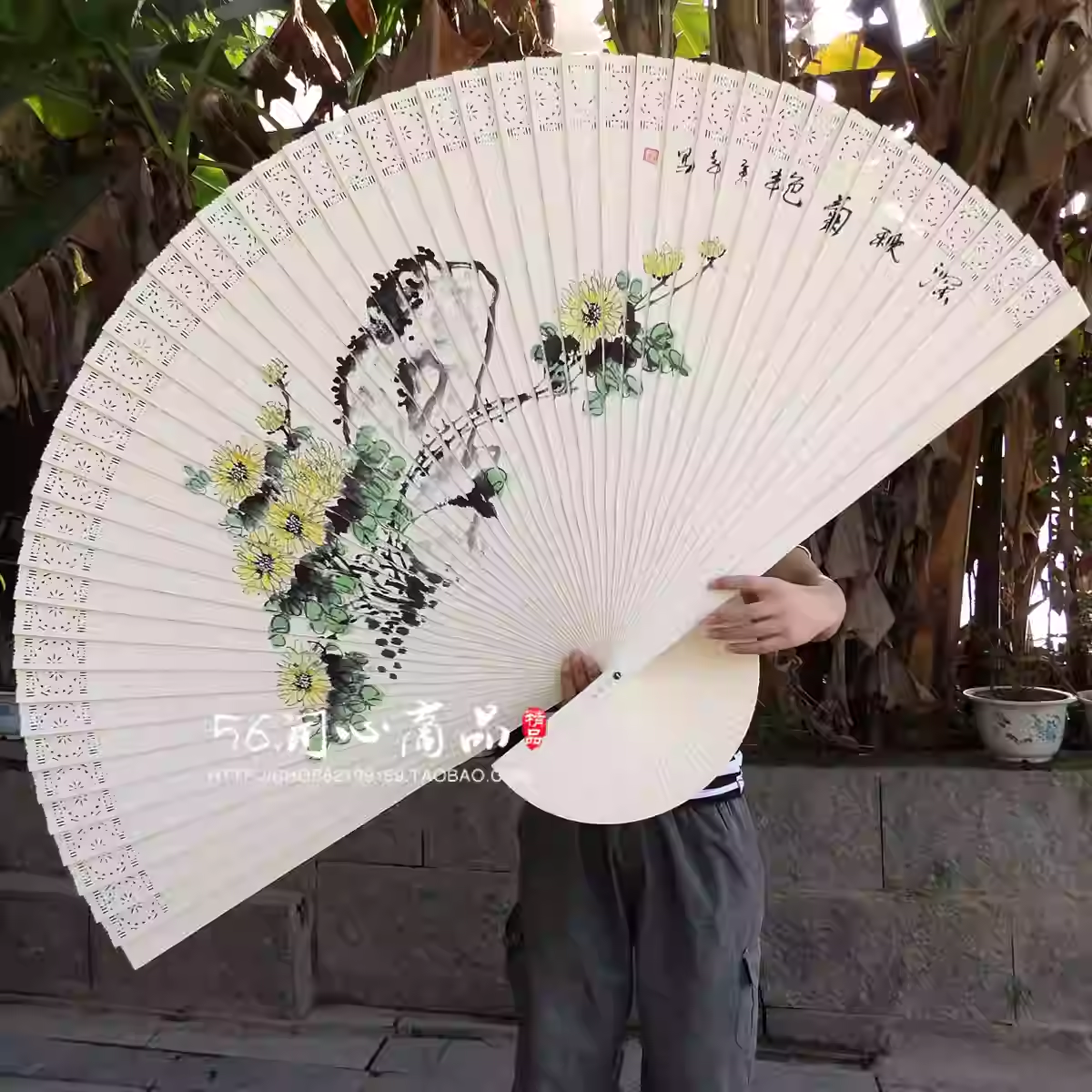纯手绘超大挂扇装饰扇折扇工艺大扇子礼品扇木扇道具扇子手绘菊花