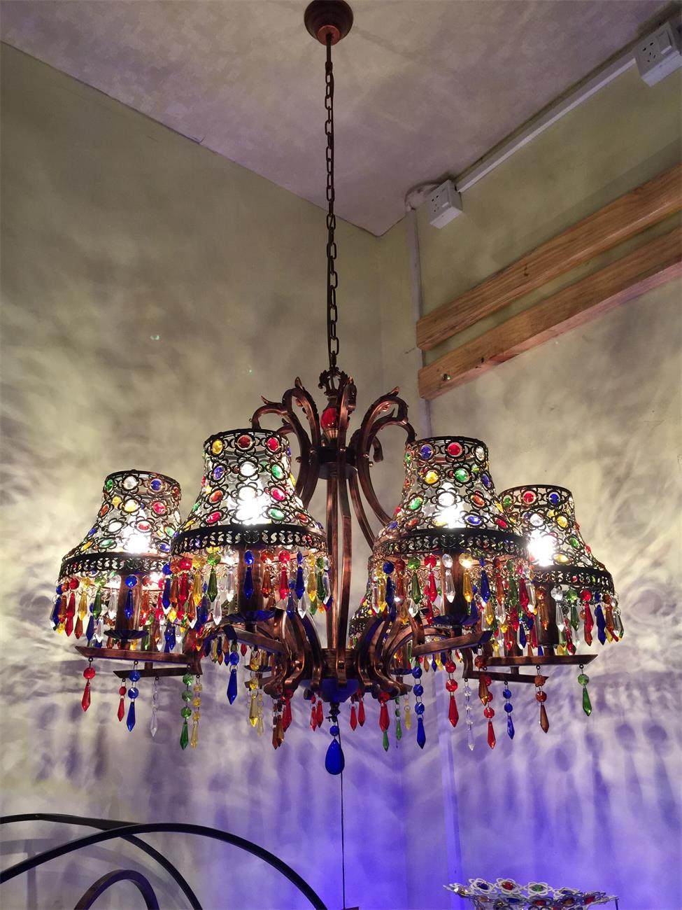 波西米亚吊灯彩色水晶复古铁艺创意卧室餐厅大堂酒店咖啡厅吧台灯