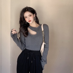 Real price, real shot design, heart machine, exposed clavicle, solid color backing shirt, long sleeve Knitted Top