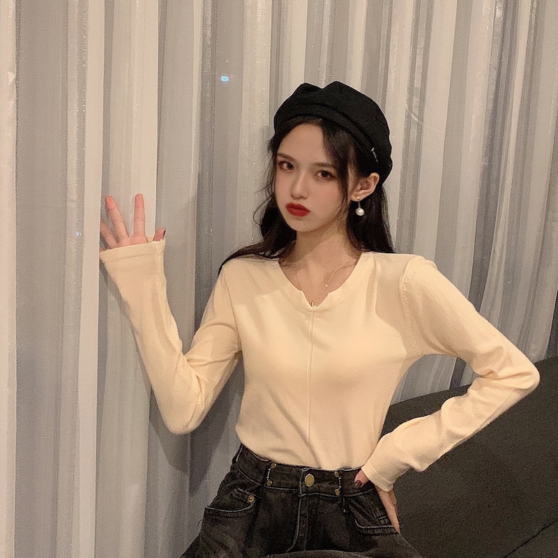 Real price real shot retro soft cream pullover with long sleeves and knitted bottom coat