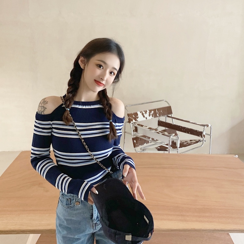 Real price real shot design feeling high waist off the shoulder hanging neck short style heart machine stripe knitting bottoming shirt