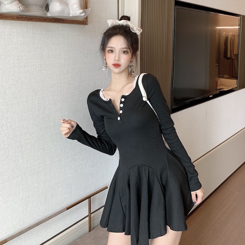 Real price real shot retro lace edge high waist show thin shawl skirt long sleeve temperament Jumpsuit short skirt