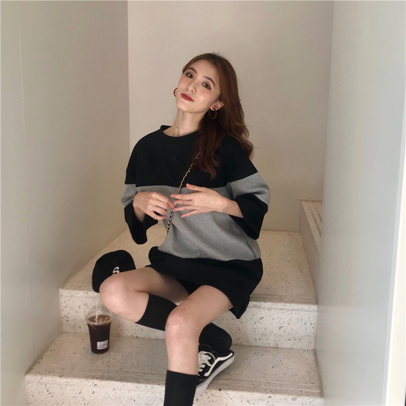 Real shooting and real price relaxed and lazy style color matching medium long flared sleeve dress women's fashion