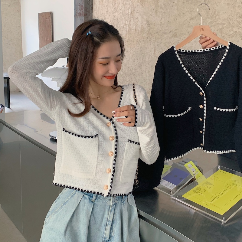 Real price real shot retro small fragrance metal button knitting button long sleeve cardigan