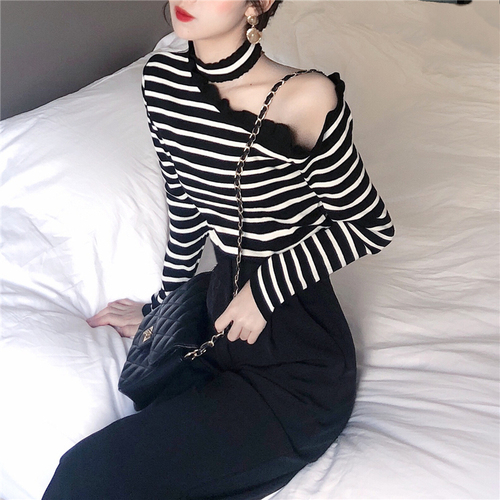 Real Shot ~Real Price ~New South Korean Heart Machine Show Shoulder and Neck Stripe Knitted Shirt Bottom and Slim Shirt