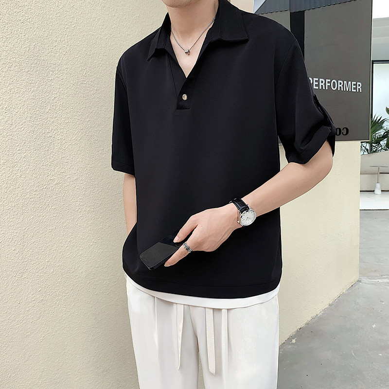 2025夏季抖音冰丝面料帅气V领设计男士短袖衬衫5C8070-P50,男装T恤,电商B307