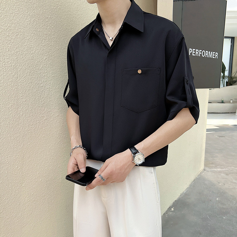 2025夏季新款男士帅气潮流纯色五分袖短袖衬衫C8080-P50,男装T恤,电商B307