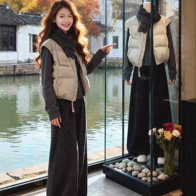 冬装穿搭一整套大码胖mm针织衫叠穿棉服马甲阔腿裤休闲三件套装女