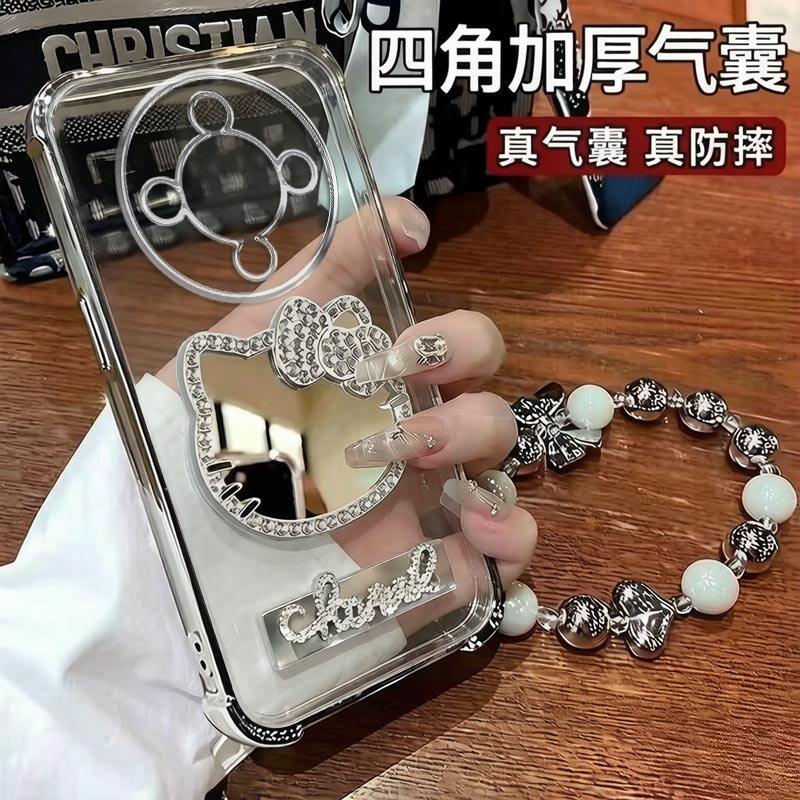适用华为荣耀X70手机壳水钻KT猫镜子Honor电镀四角防摔气囊荣耀X70i闪钻字母支架保护套