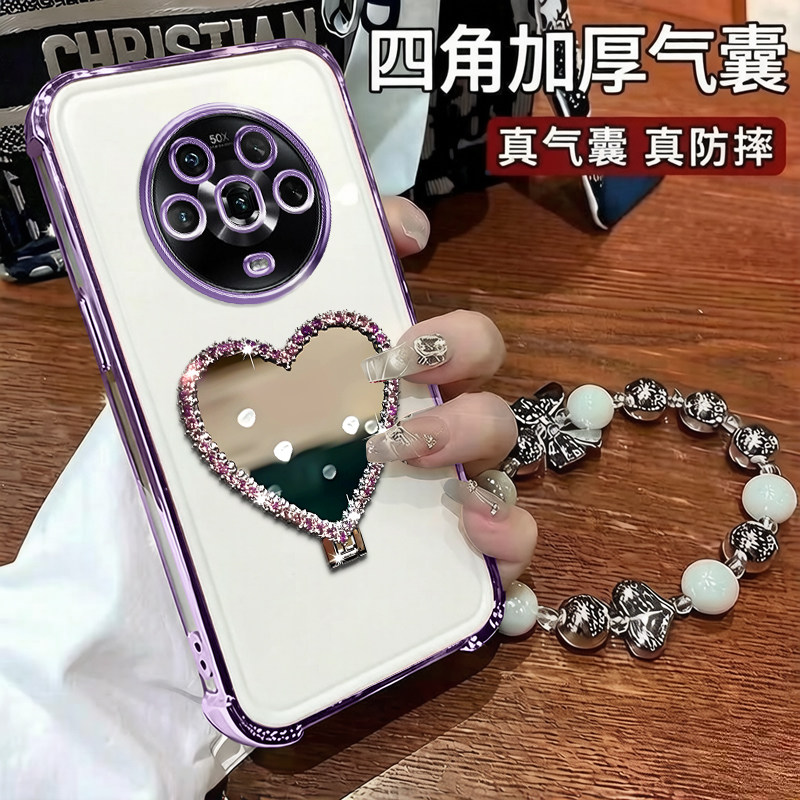适用华为荣耀Magic4手机壳电镀四角防摔Honor轻奢高级感水钻爱心镜支架Maigc4Pro简约女款手链软壳