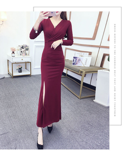 端庄大气晚宴敬酒服2023新款高贵新娘伴娘年会礼服开叉长款连衣裙