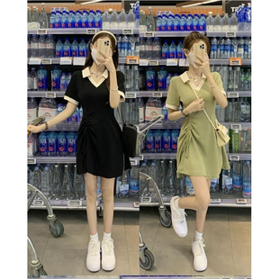 绿色polo领抽绳连衣裙夏季女设计感小众修身收腰显瘦休闲t恤裙子