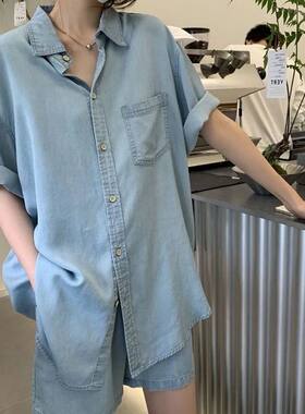 小个子盐甜系穿搭薄款牛仔衬衫套装女夏季新款休闲显瘦短裤两件套