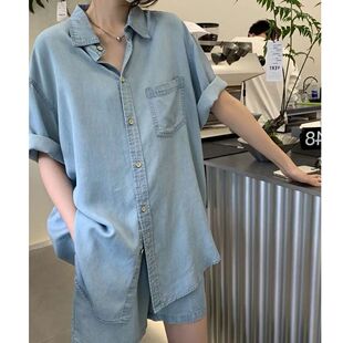 小个子盐甜系穿搭薄款牛仔衬衫套装女夏季新款休闲显瘦短裤两件套