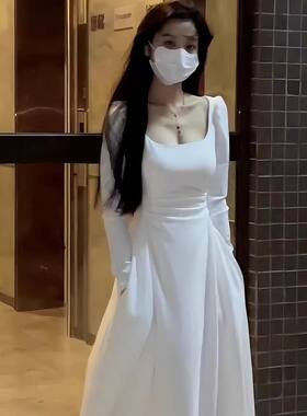 白色长袖连衣裙子女春秋2026秋新款小个子法式高级感初恋收腰长裙