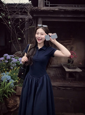 2026新款巨好看蓝色polo连衣裙子女夏季绝美独特漂亮收腰显瘦长裙