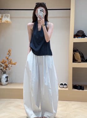 辣妹风格纹挂脖露背无袖上衣女宽松显瘦阔腿休闲裤套装