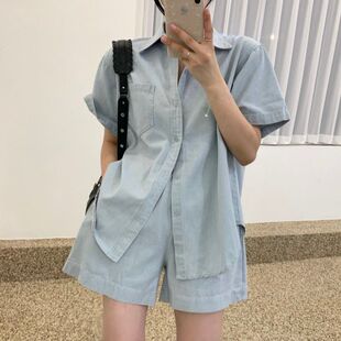 港风复古休闲牛仔套装女2026夏季新款韩版短袖衬衫阔腿短裤两件套