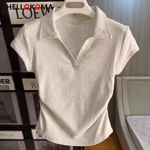 纯棉polo领v领正肩短袖t恤女夏季新款夏装修身显瘦小个子短款上衣