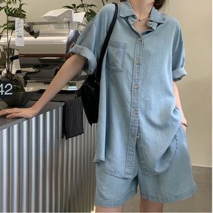 小个子盐甜系穿搭薄款牛仔衬衫套装女夏季新款休闲显瘦短裤两件套
